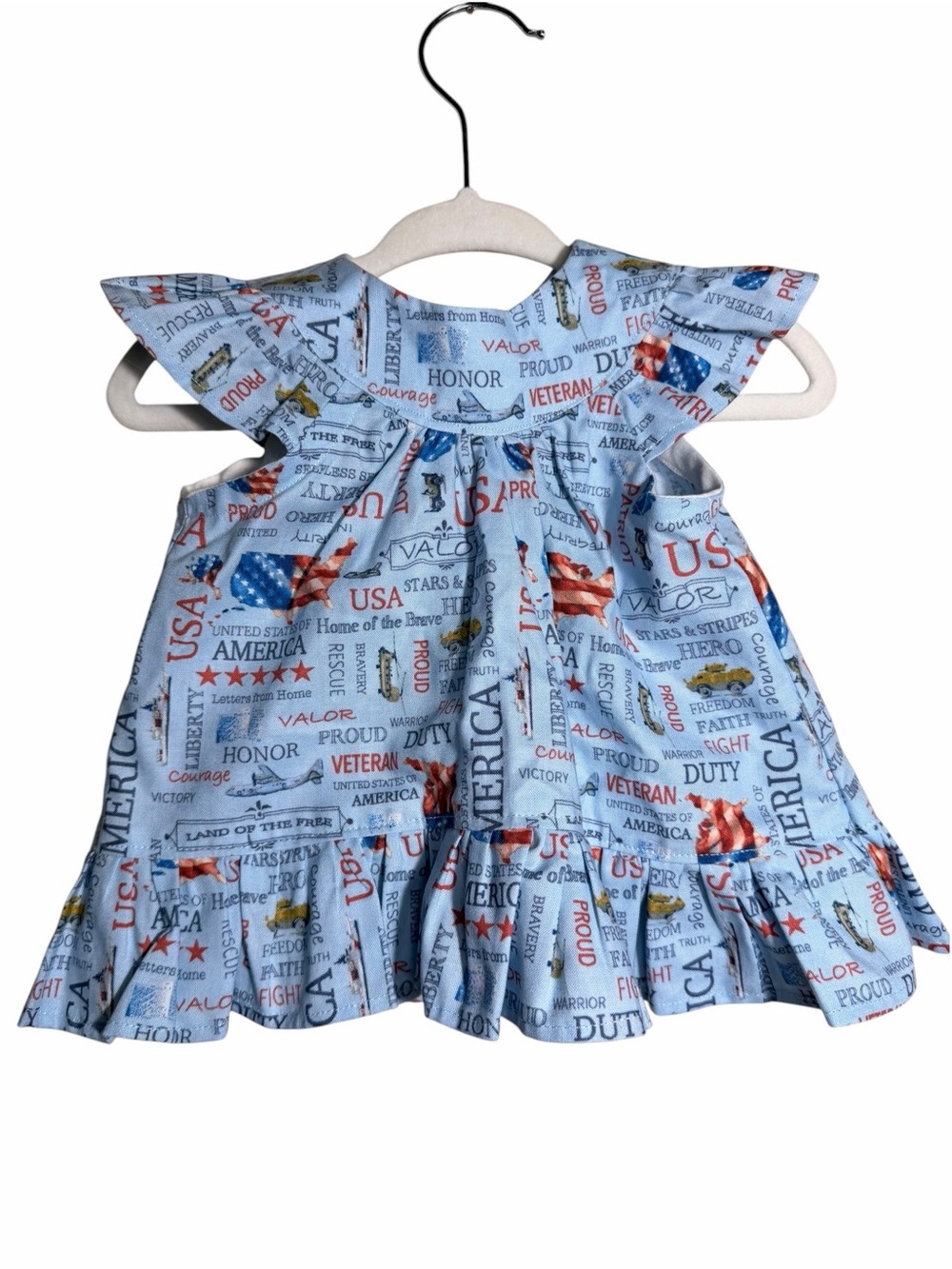 Blue Patriotic Print Ruffle Hem Kids Dress Bloomers American Flag